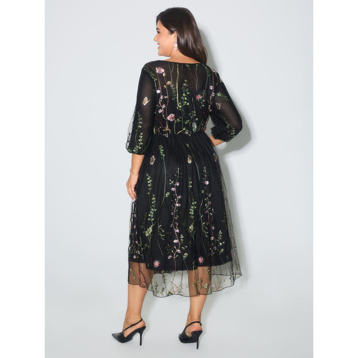 Plus Size Floral Embroidered Elastic Waist Lined Midi Dress Black Women Formal Texture Party Curvy Bloomchic 26/4X Product Image