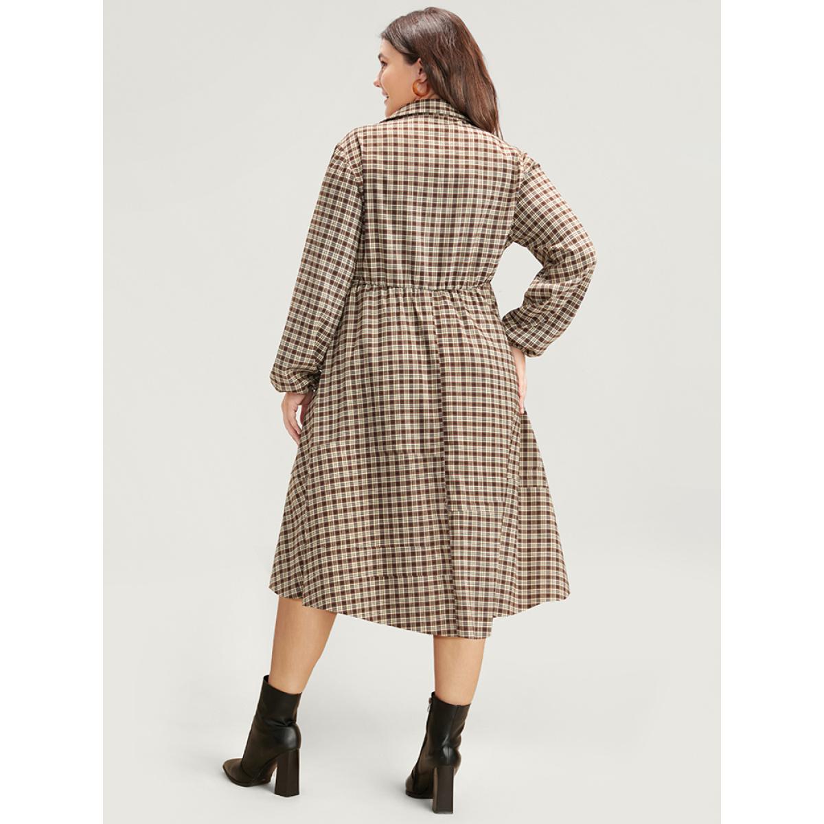 Plus Size Gingham Pocket Button Up Shirt Collar Dress Without Belt Bronze Women Office Pocket Shirt collar Long Sleeve Curvy Midi Dress BloomChic 26/4X Product Image