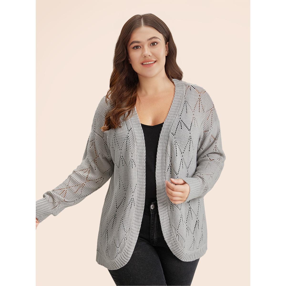 Plus Size Geometric Hollow Out Open Front Cardigan LightGray Women Leisure Loose Long Sleeve Casual Cardigans BloomChic 28/5X Product Image