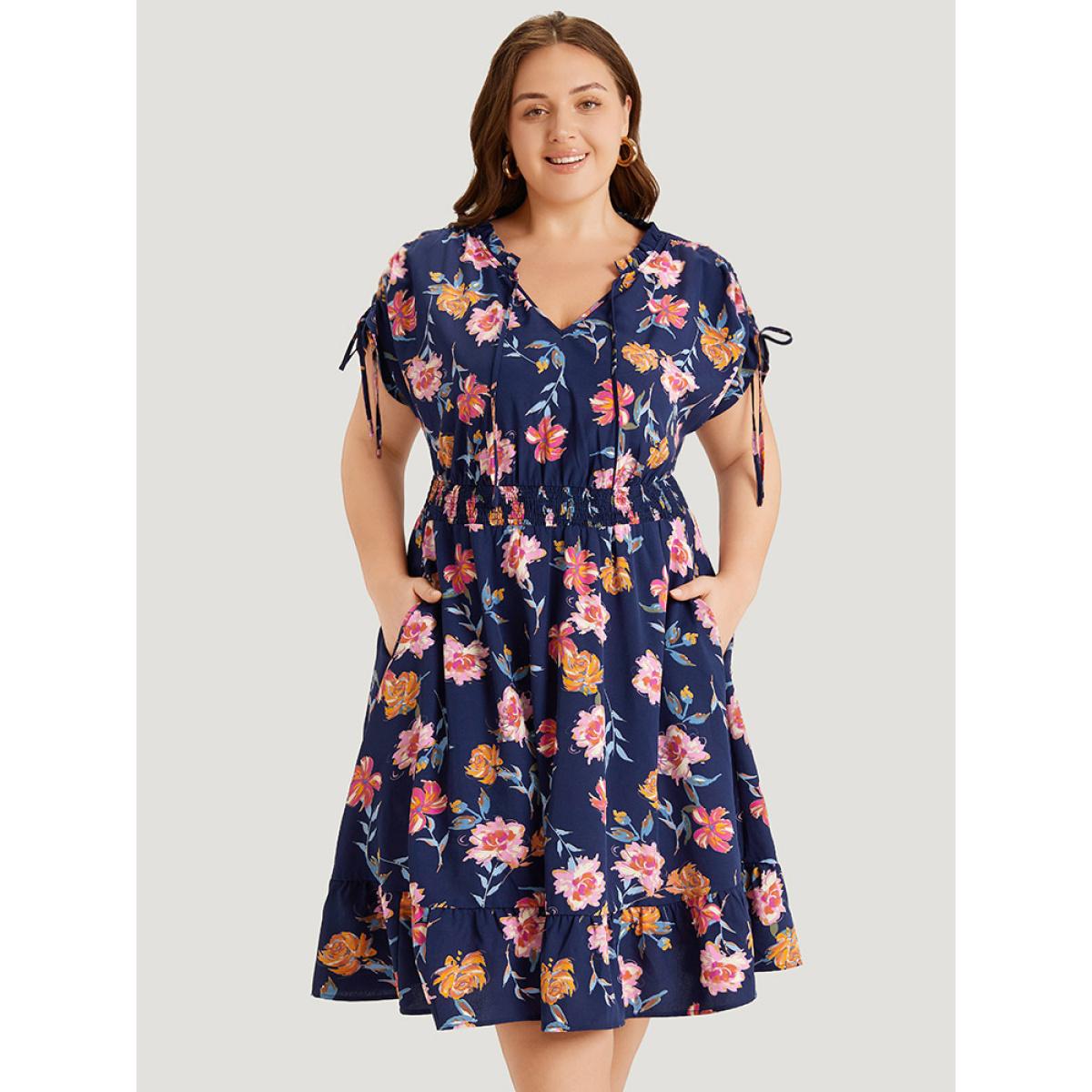 Plus Size Floral Knot Neck Drawstring Dolman Sleeve Shirred Dress Navy Women Elegant Frill Trim V-neck Short sleeve Curvy Midi Dress BloomChic 30/6X Product Image