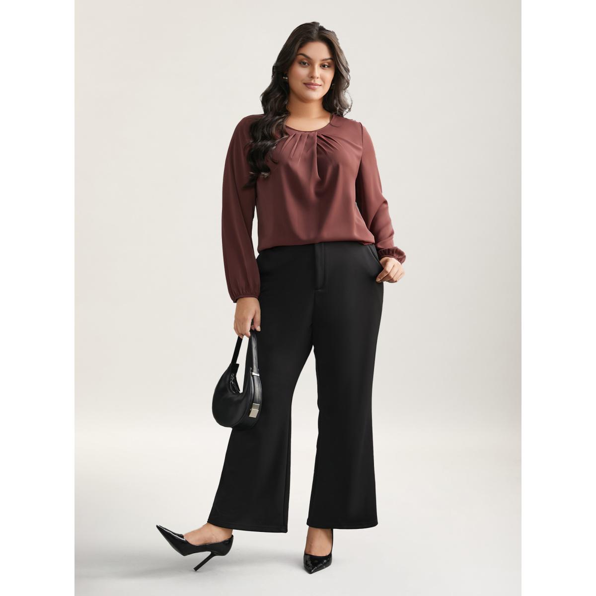 Plus Size Browncoffeecolor Solid Crew Neck Lantern Sleeve Blouse Women At the Office Long Sleeve Round Neck Office Blouses BloomChic 26/4X Product Image