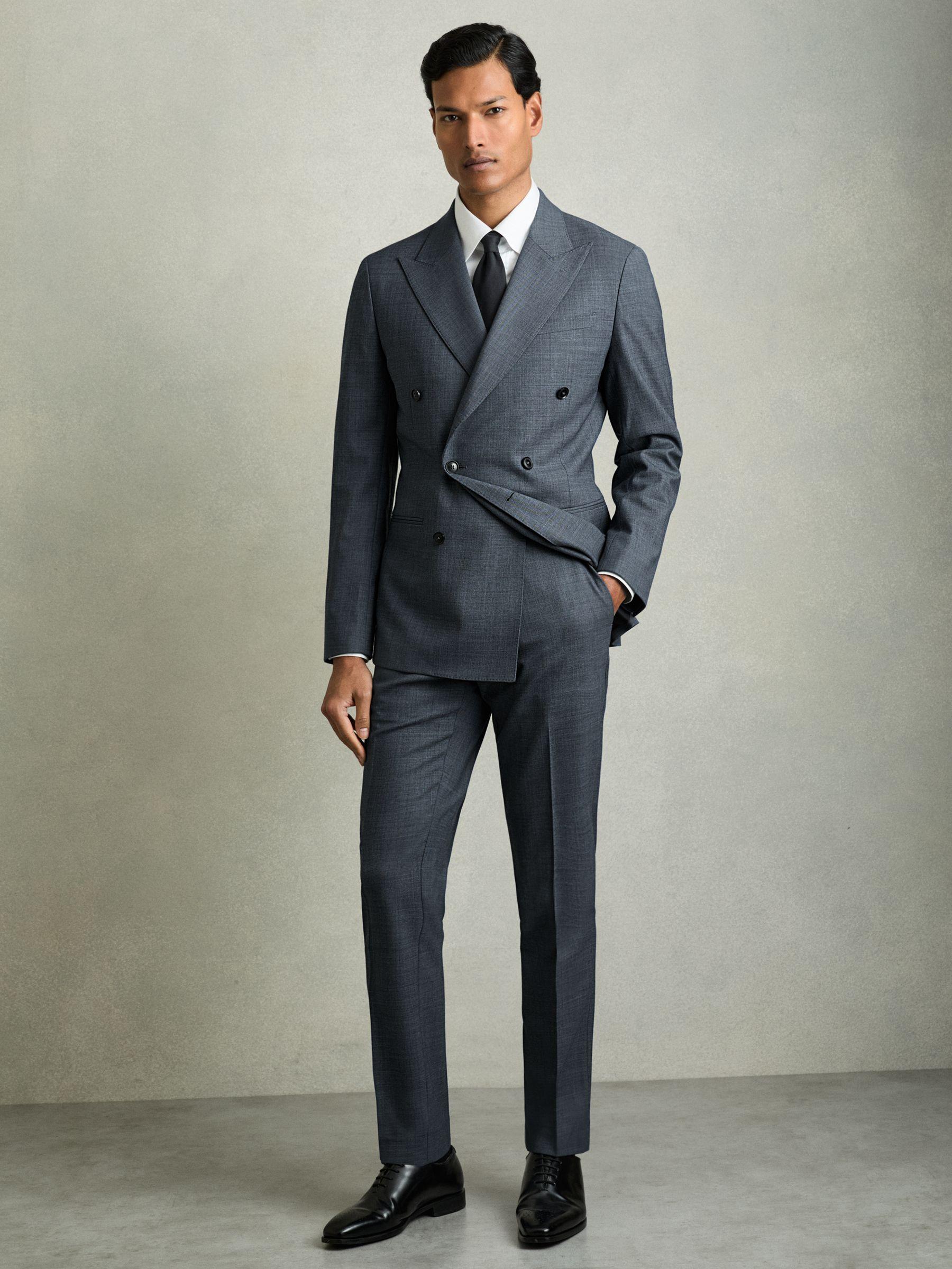 Regular-Fit Double-Breasted Sharkskin Wool-Blend Suit Blazer in Charcoal Grey Product Image