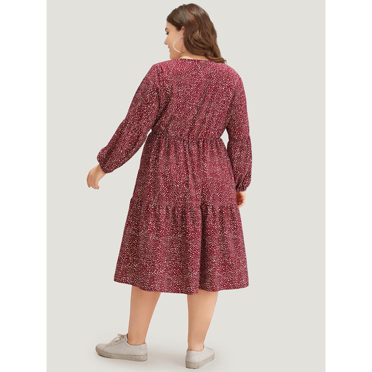 Plus Size Leopard Print Pocket Flutter Hem Dress Burgundy Women Casual Elastic cuffs V-neck Long Sleeve Curvy Midi Dress BloomChic 30/6X Product Image