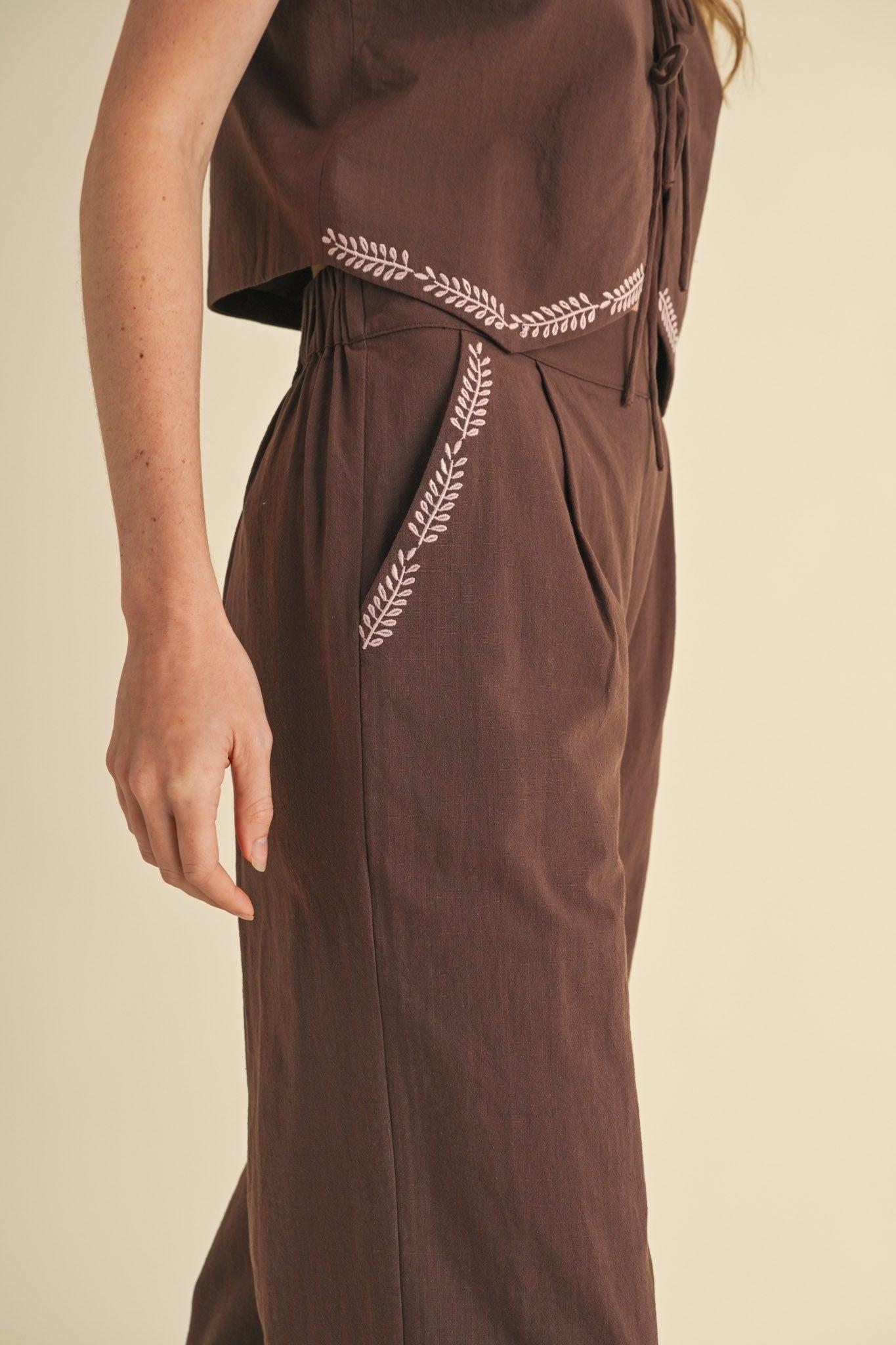 Embroidered Vest and Wide Leg Pants Set Product Image