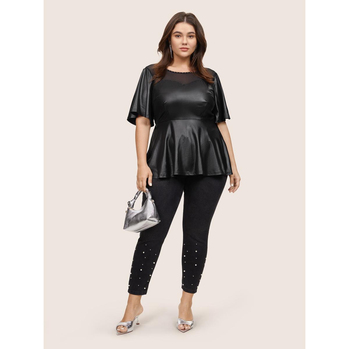 Plus Size Black PU Leather Mesh Patchwork Pearl Beaded Blouse Women Glamour Short sleeve Round Neck Party Blouses BloomChic 28/5X Product Image