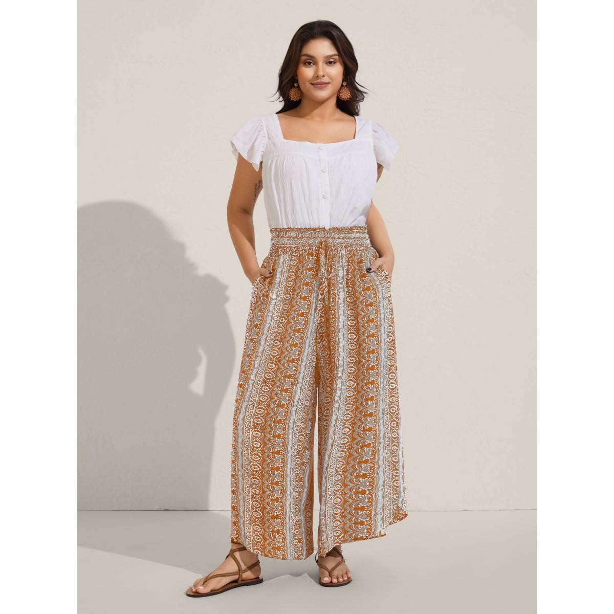 Plus Size Boho Print Shirred Waist Wide-Leg Pants Women Yellowishbrown Boho Wide Leg Mid Rise Vacation Pants BloomChic 22-24/3X Product Image