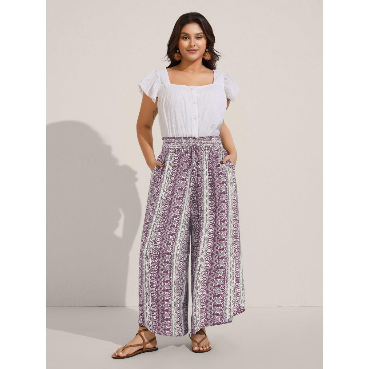 Plus Size Boho Print Shirred Waist Wide-Leg Pants Women Yellowishbrown Boho Wide Leg Mid Rise Vacation Pants BloomChic 22-24/3X Product Image