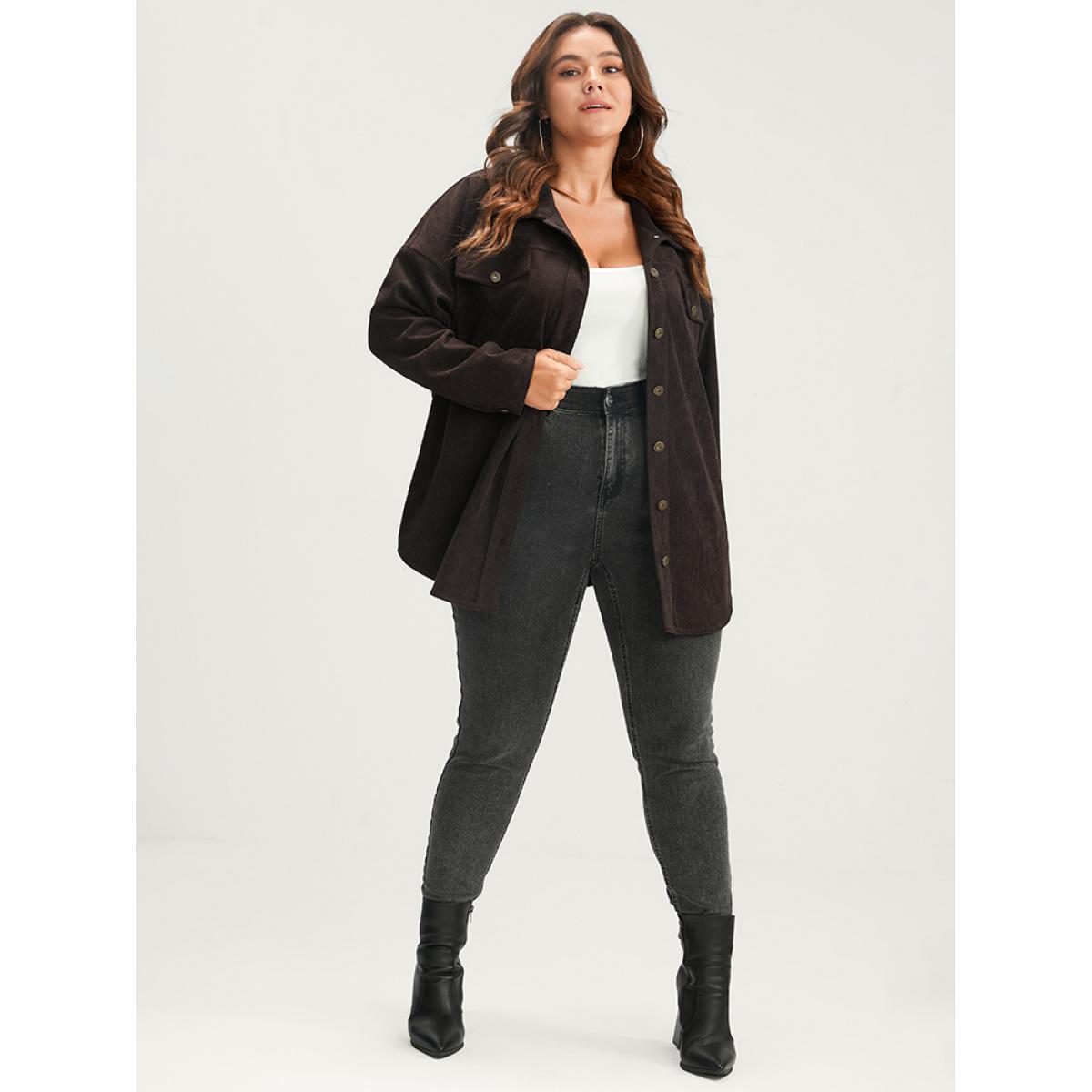 Plus Size Solid Button Up Pocket Corduroy Coat Women DarkBrown Casual Button Ladies Dailywear Winter Coats BloomChic 22-24/3X Product Image