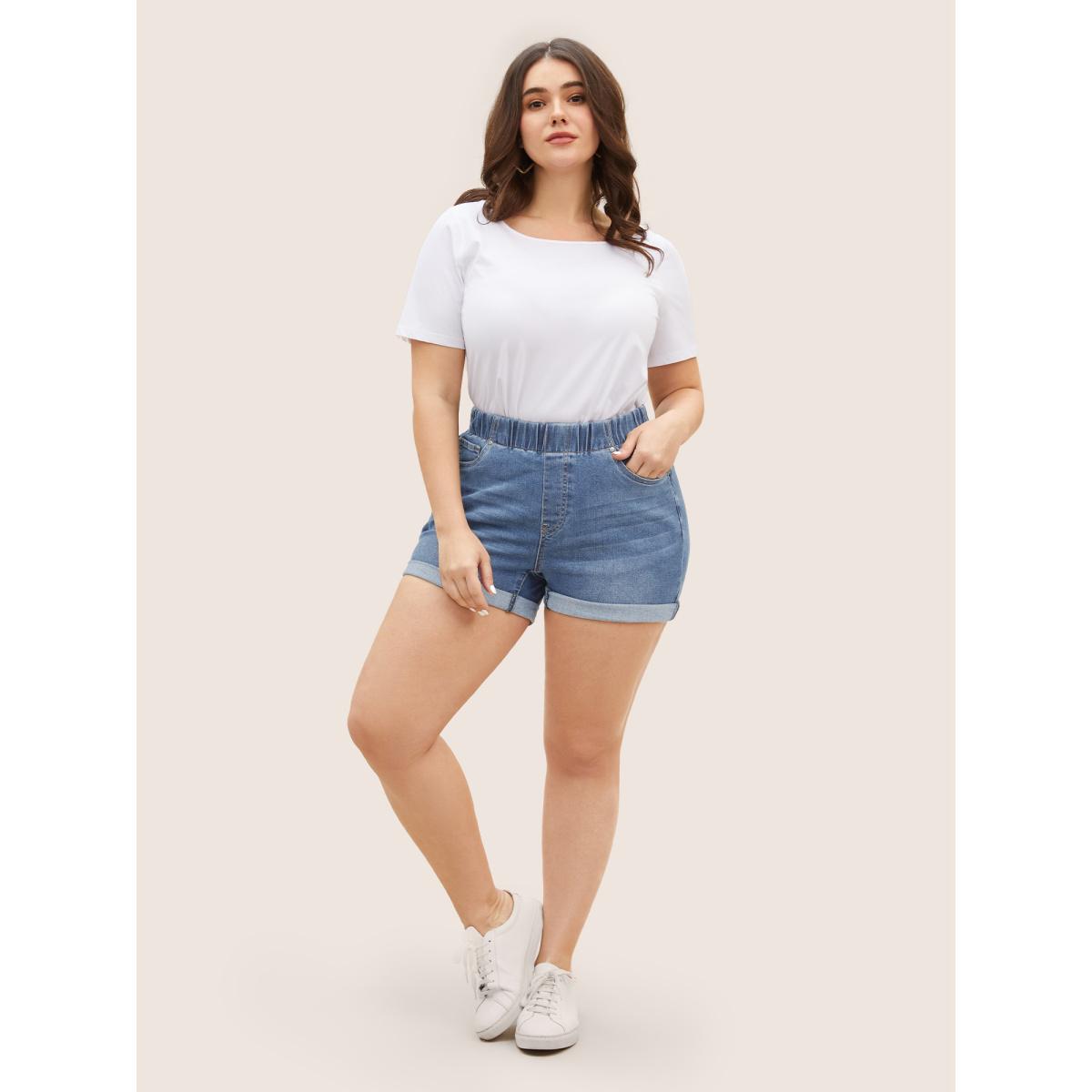 Plus Size Dark Wash Elastic Waist Roll Hem Denim Shorts Women Denimlightblue Roll Hem Medium stretch Everyday Slanted pocket Casual Denim Shorts BloomChic 14/1X Product Image