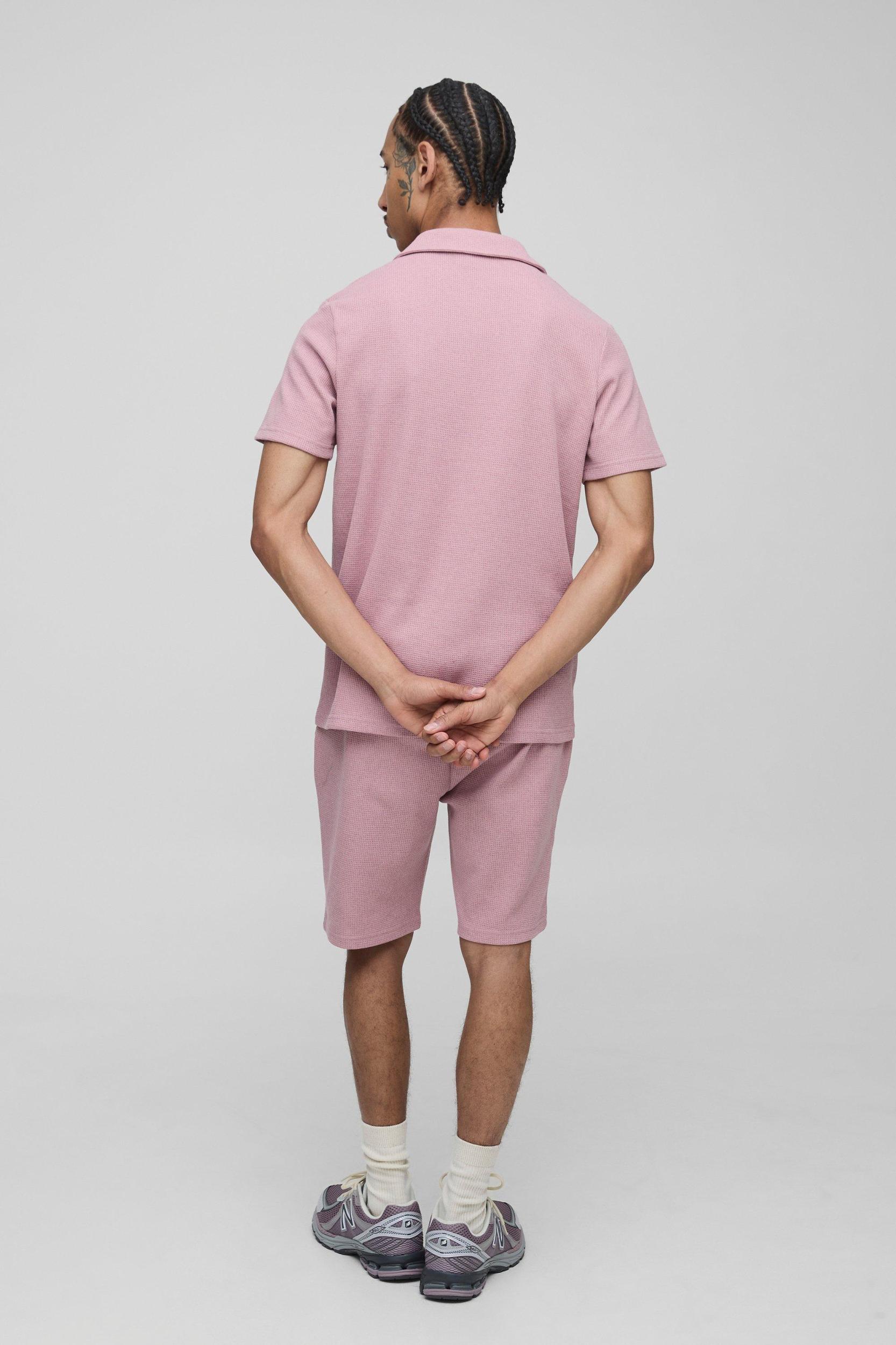 Slim Fit Man Waffle Revere Polo & Short Set | boohooMAN USA Product Image