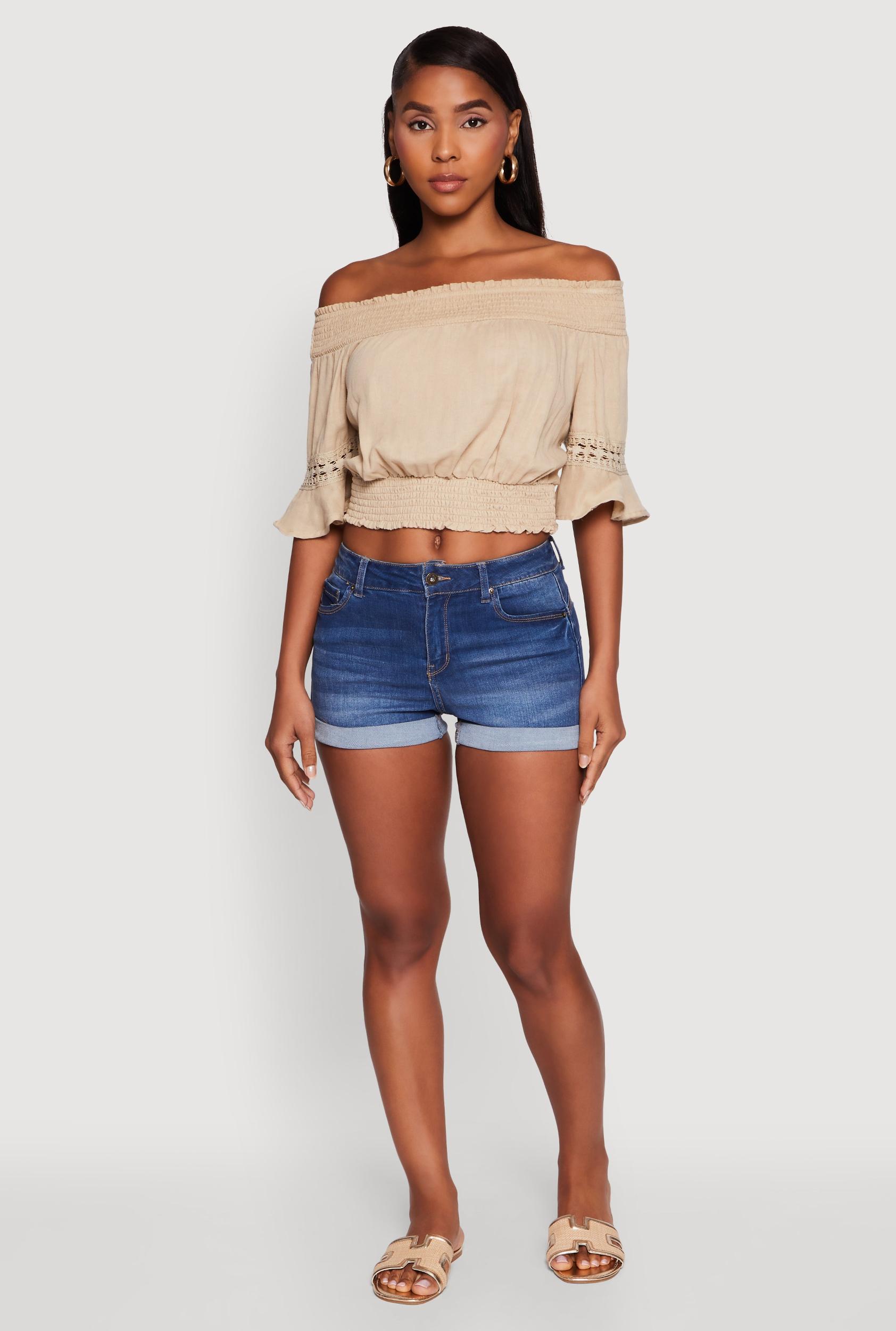 Womens Off The Shoulder Smocked Cropped Peasant Top Product Image