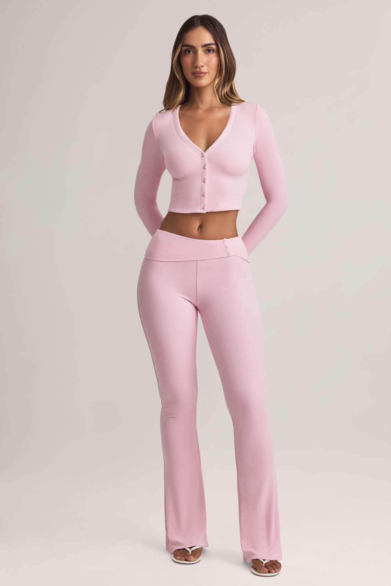 Modal Foldover Mid-Rise Flared Trousers in Pastel Pink Product Image