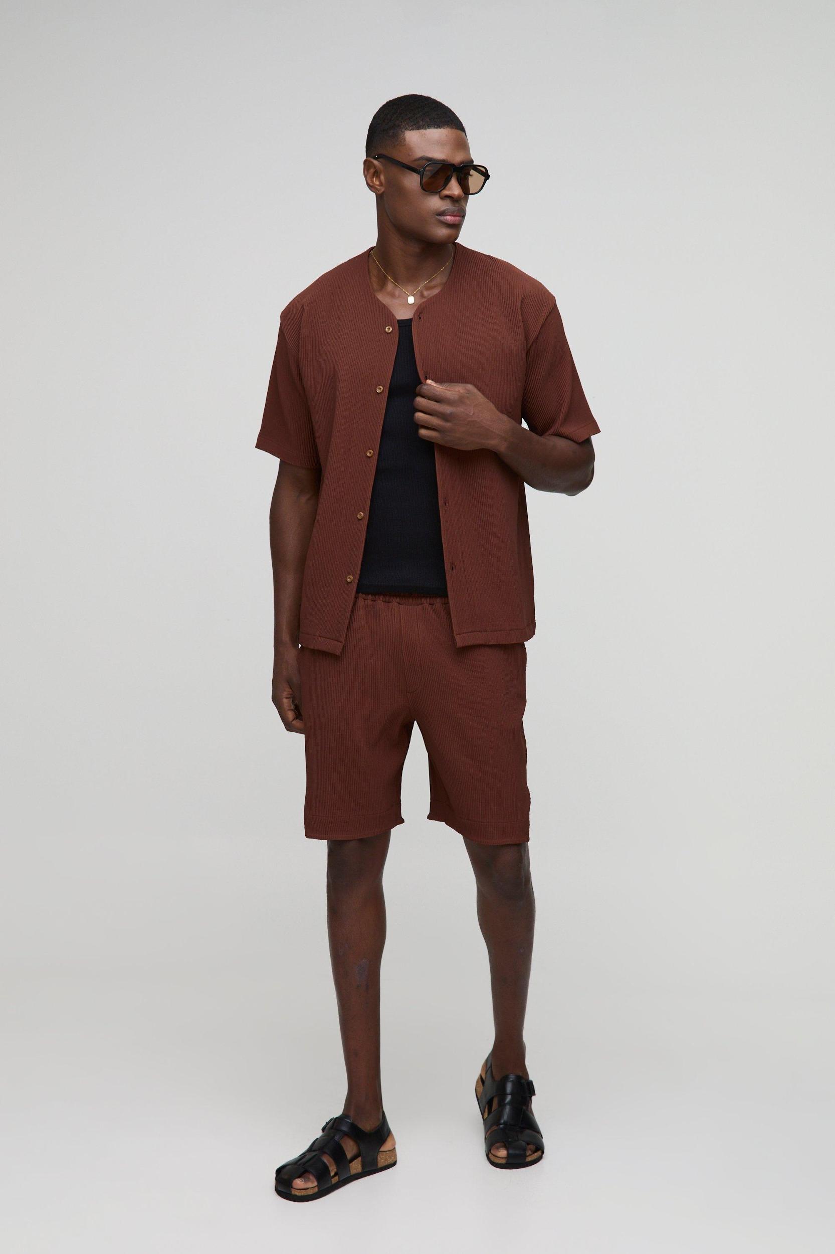 Oversized Collarless Pleated Shirt & Runner Short Set | boohooMAN USA Product Image