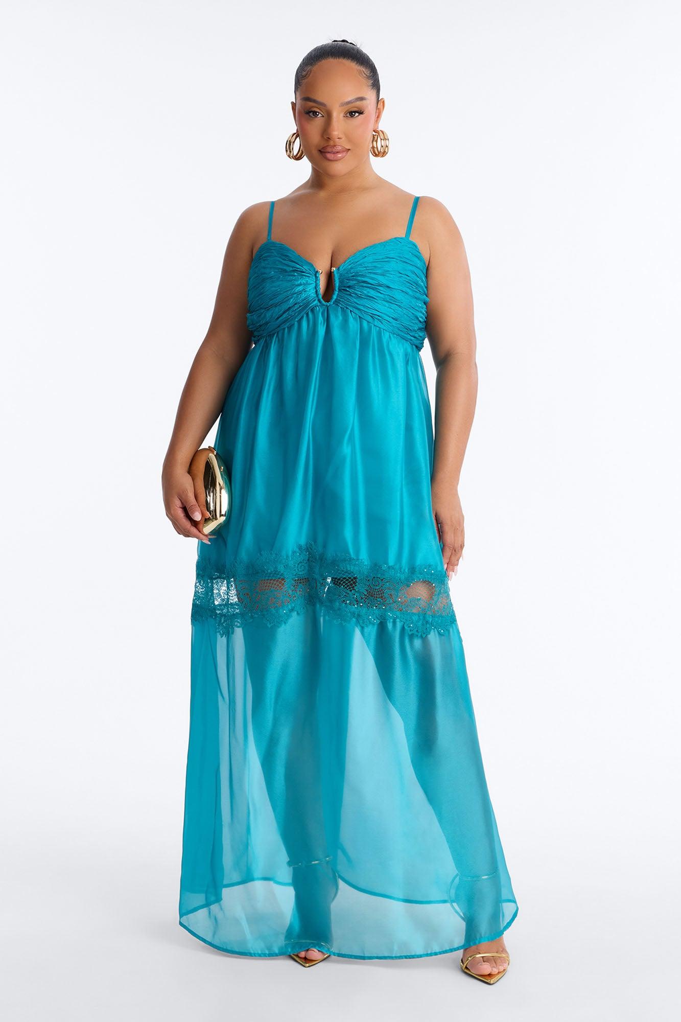 Saira Pleated Satin Maxi Dress - Teal Female Product Image