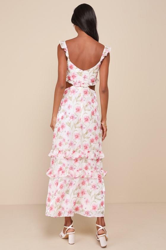 Spectacularly Gorgeous White Floral Cutout Ruffled Maxi Dress Product Image