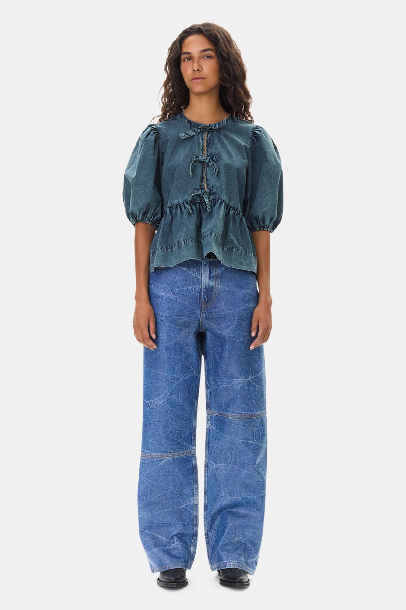 Blue Cotton Poplin Peplum Tie Blouse Product Image