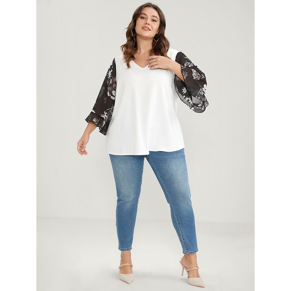 Plus Size White Solid Patchwork Floral Flounce Sleeve V Neck Blouse Women Elegant Elbow-length sleeve V-neck Dailywear Blouses BloomChic 28/5X Product Image