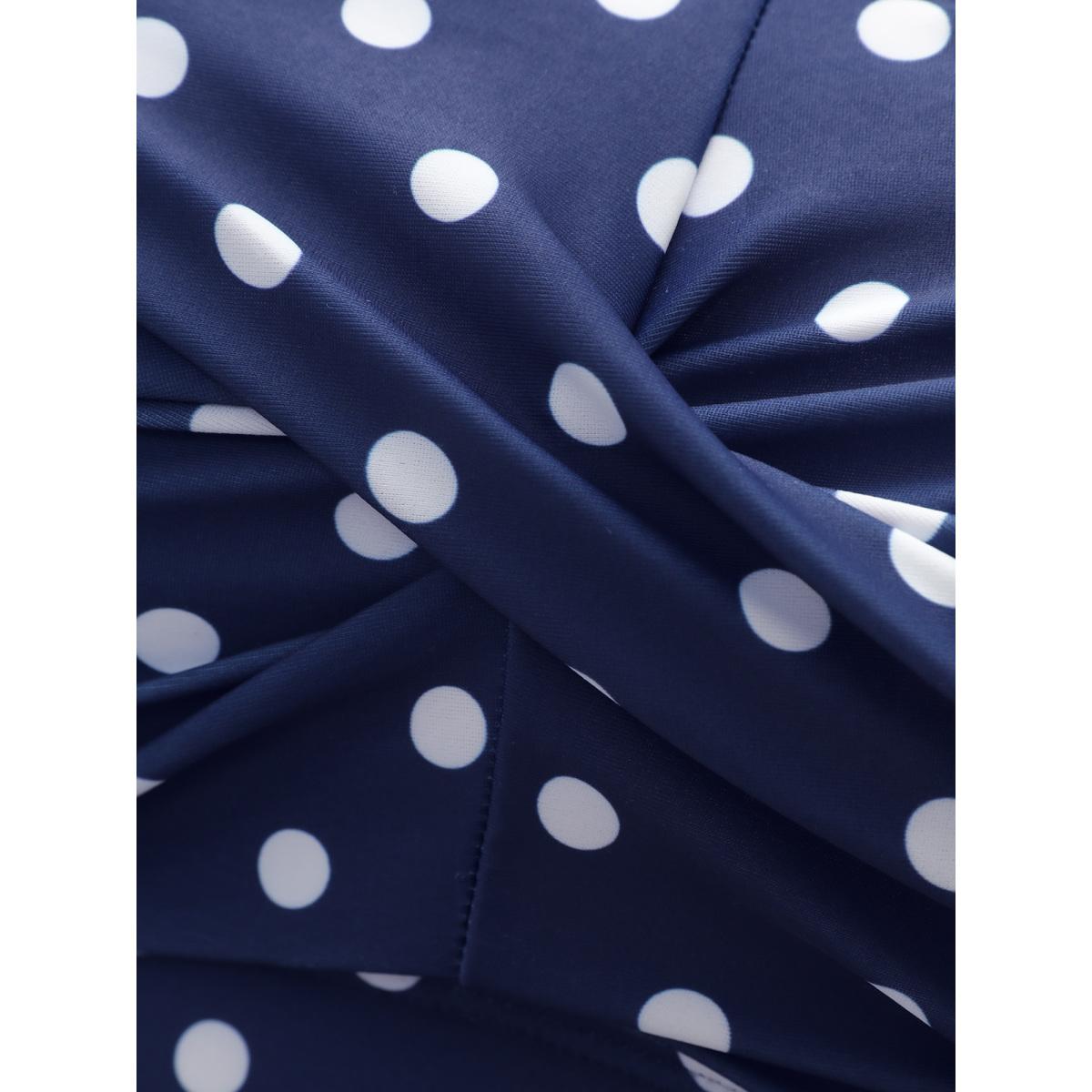 Plus Size Polka Dot Ruched Fit Flare Swim Dress Women's Swimwear Indigo Beach Bodycon Strapless High stretch Curve Swim Dresses BloomChic 12/L Product Image