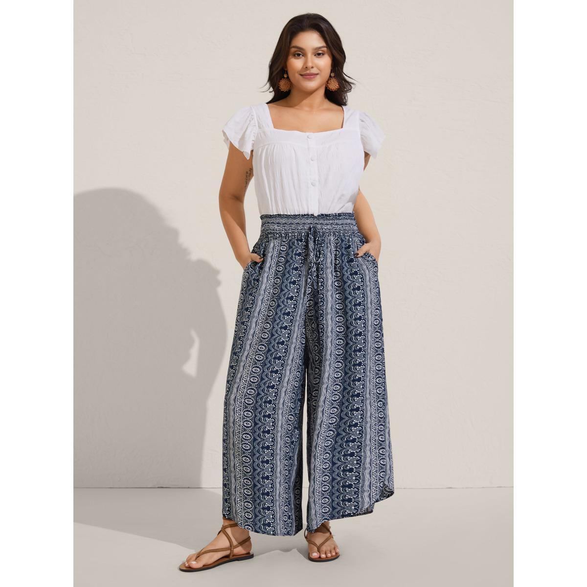 Plus Size Boho Print Shirred Waist Wide-Leg Pants Women Indigo Boho Wide Leg Mid Rise Vacation Pants BloomChic 10/M Product Image