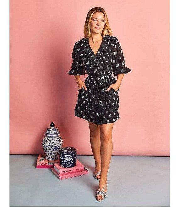 Buru Blanche Floral Print Pleated Split V-Neckline 3/4 Balloon Sleeve Tie Waist Mini Dress Product Image