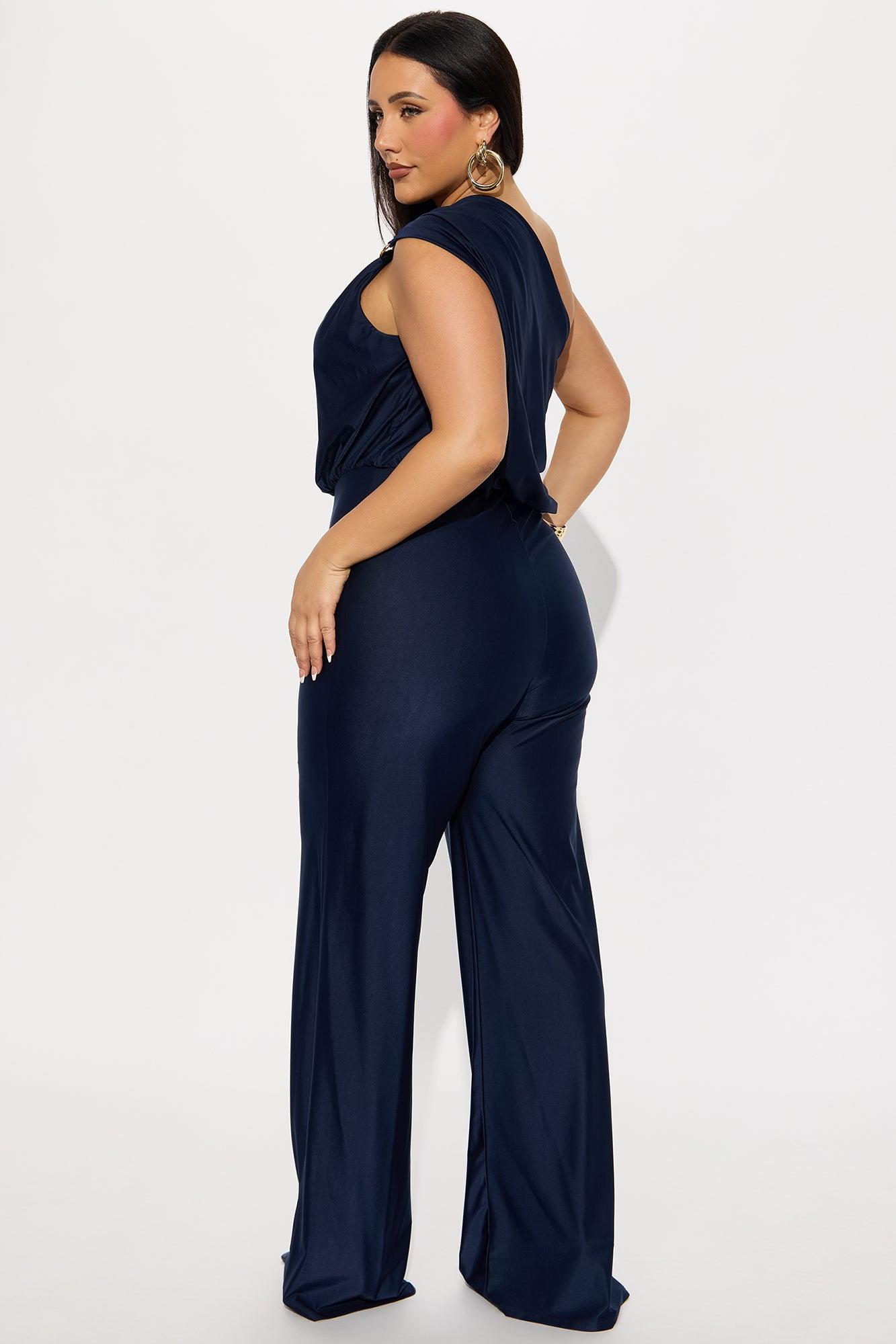 Marisol Wide Leg One Shoulder Jumpsuit - Navy Product Image