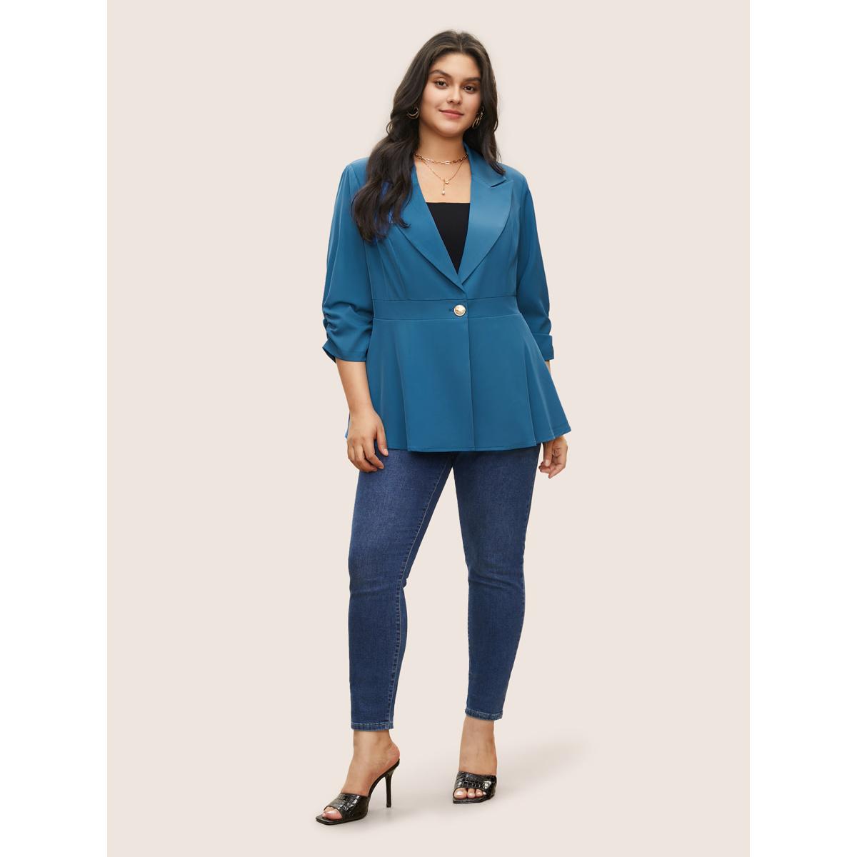 Plus Size Suit Collar Gathered Lined Floral Blazer Cerulean Women Work Plain Non Sleeve Elbow-length sleeve Suit Collar 14-16/1X Slanted pocket At the Office Blazers BloomChic Product Image