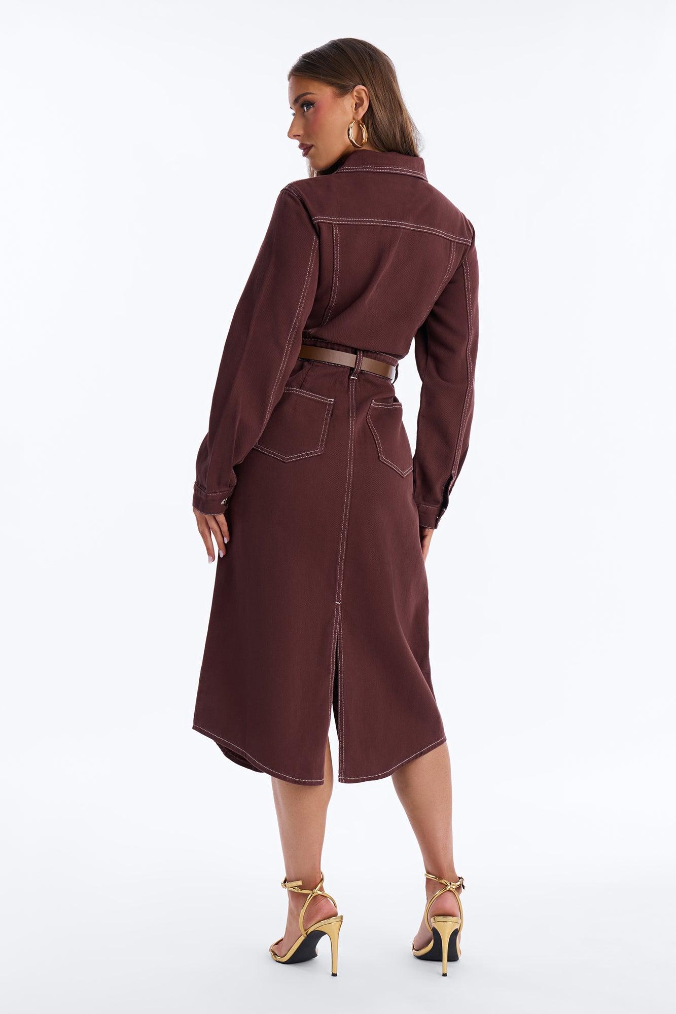 Harper Belted Denim Midi Dress - Brown Female Product Image