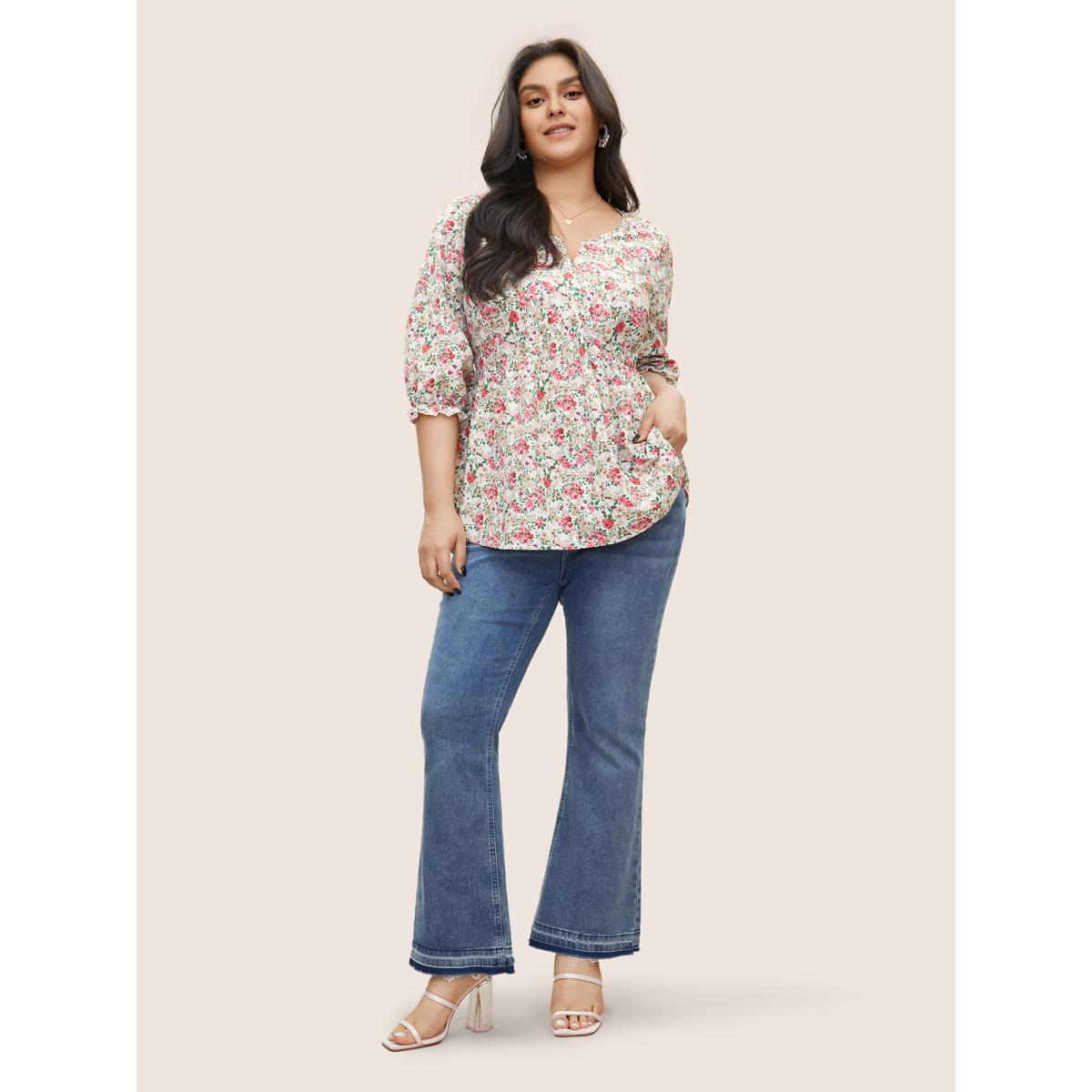 Plus Size Multicolor Ditsy Floral Notched Gathered Ruffles Blouse Women Elegant Elbow-length sleeve Notched collar Everyday Blouses BloomChic 14-16/1X Product Image