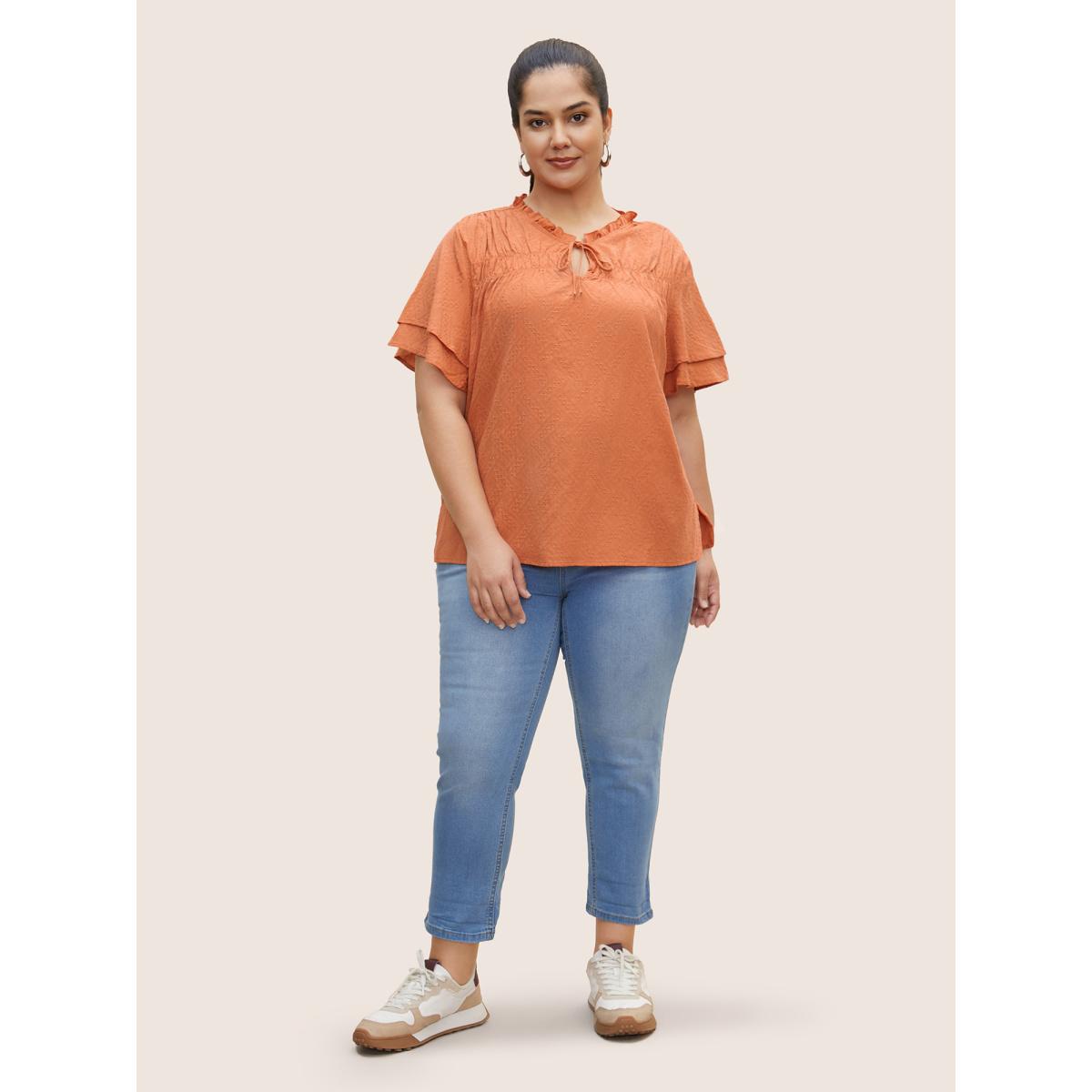 Plus Size OrangeRed Texture Tiered Ruffles Gathered Frill Trim Blouse Women Casual Short sleeve Notched collar Everyday Blouses BloomChic 26/4X Product Image