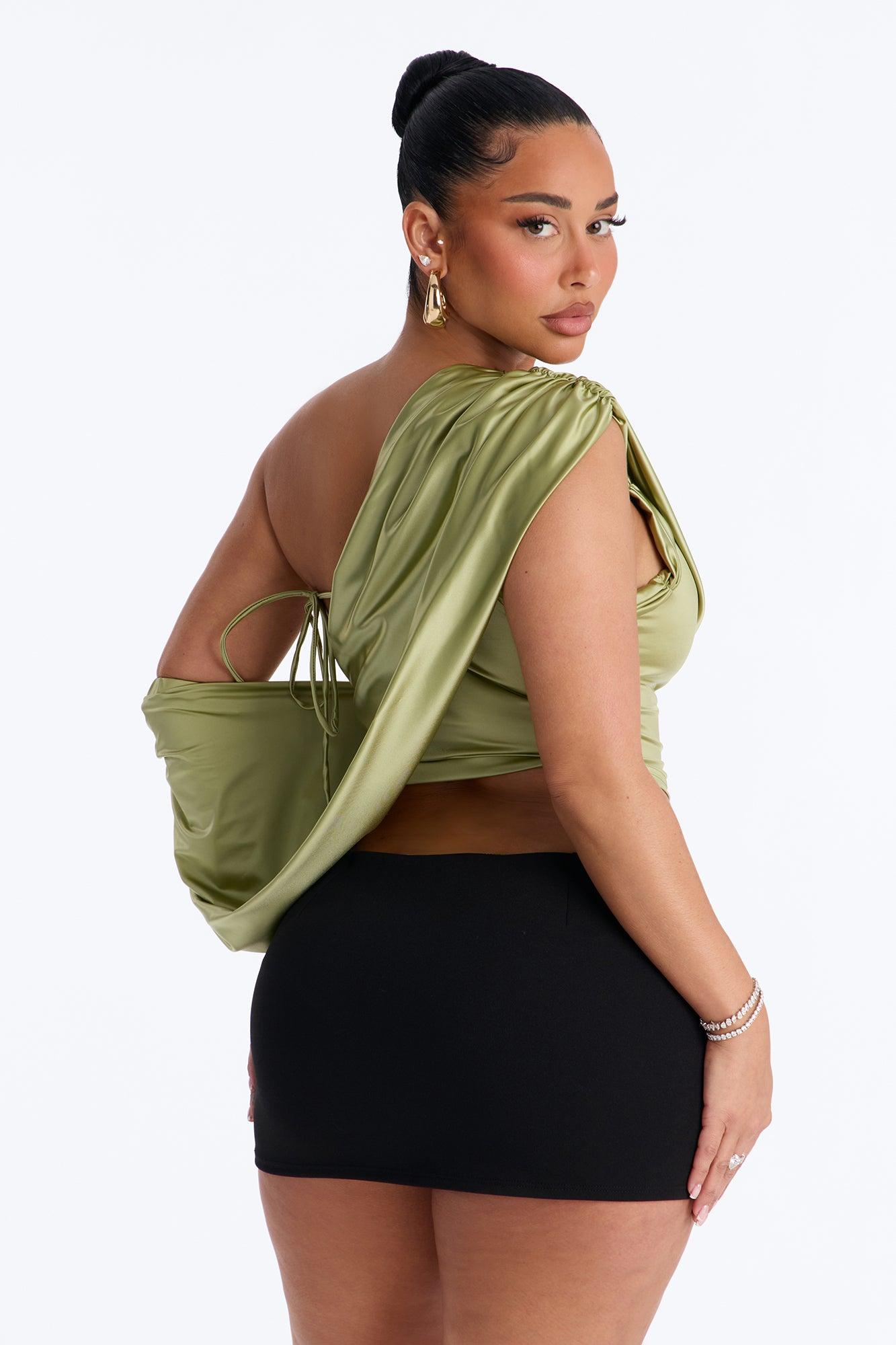 Eternal Muse Satin Draped Off Shoulder Top - Olive Female Product Image