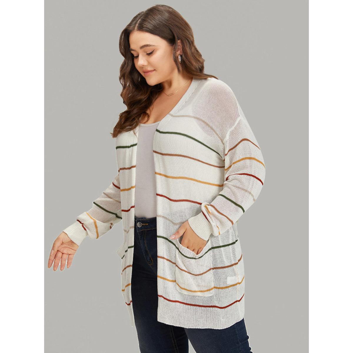 Plus Size UltraCool Rainbow Striped Open Front Pocket Cardigan Ivory Women Casual Loose Long Sleeve Dailywear Cardigans BloomChic 18-20/2X Product Image