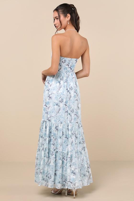 Special Moment Light Blue Floral Strapless Bustier Maxi Dress Product Image