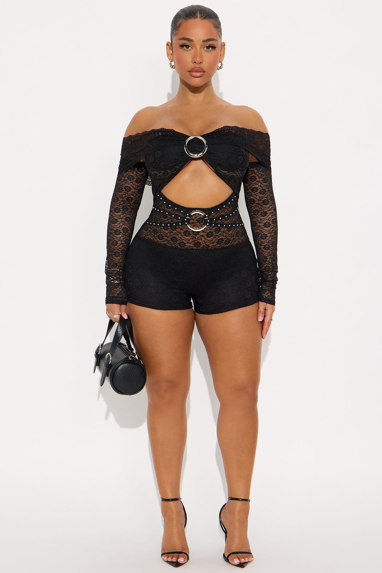 Rock Out Lace Long Sleeve Short Set - Black Female Product Image