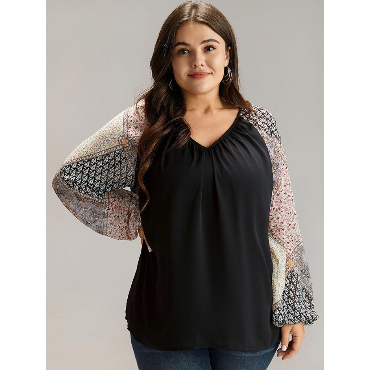 Plus Size Black Bandana Patchwork Twill Contrast Lantern Sleeve Blouse Women Elegant Long Sleeve V-neck Dailywear Blouses BloomChic 28/5X Product Image