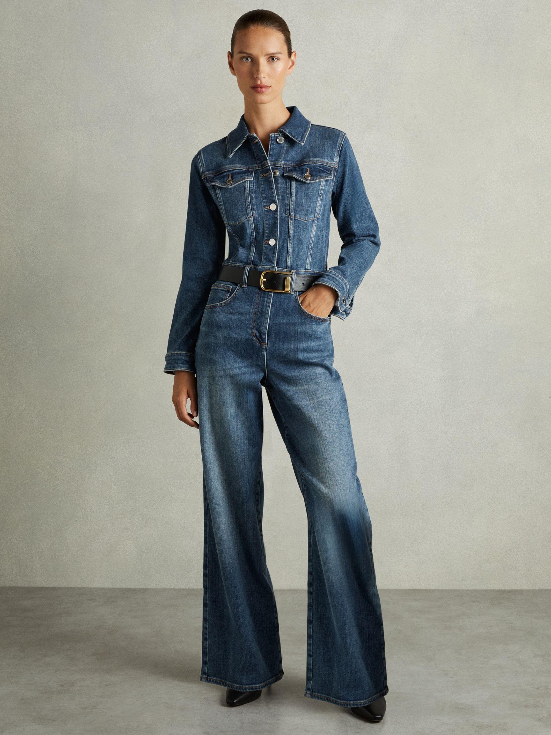 Cotton-Blend Denim Relaxed-Fit Jumpsuit in Mid Blue Product Image