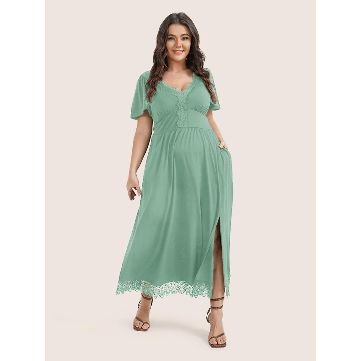 Plus Size Solid Pocket Contrast Lace Split Maxi Dress Sage Women Elegant Patchwork V-neck Short sleeve Curvy Long Dress BloomChic 10/M Product Image