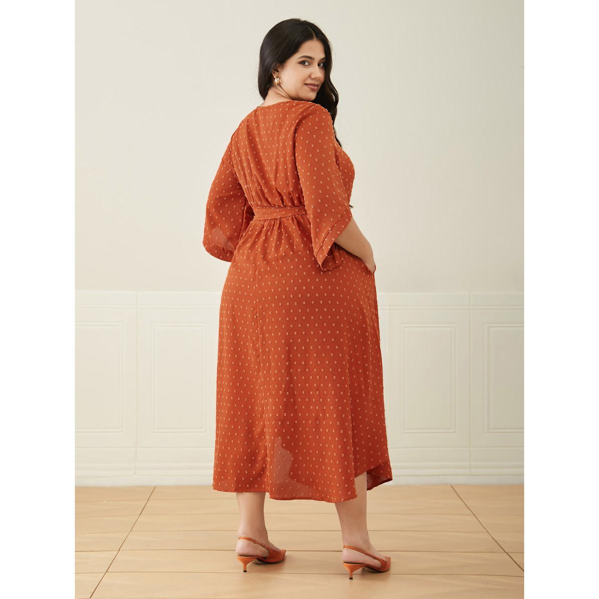 Plus Size Textured Bell Sleeve Belted Arc Hem Dress OrangeRed Women Elegant Texture Round Neck Elbow-length sleeve Curvy BloomChic 18-20/2X Product Image