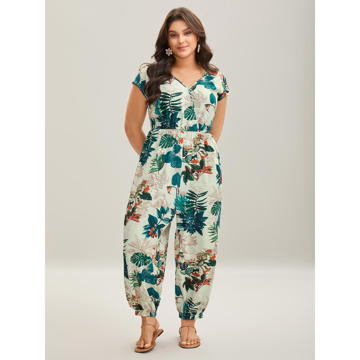 Plus Size Emerald Tropical Print Surplice Neck Back Tie Jumpsuit Women Resort Cap Sleeve V-neck Vacation Loose Jumpsuits BloomChic 10/M Product Image