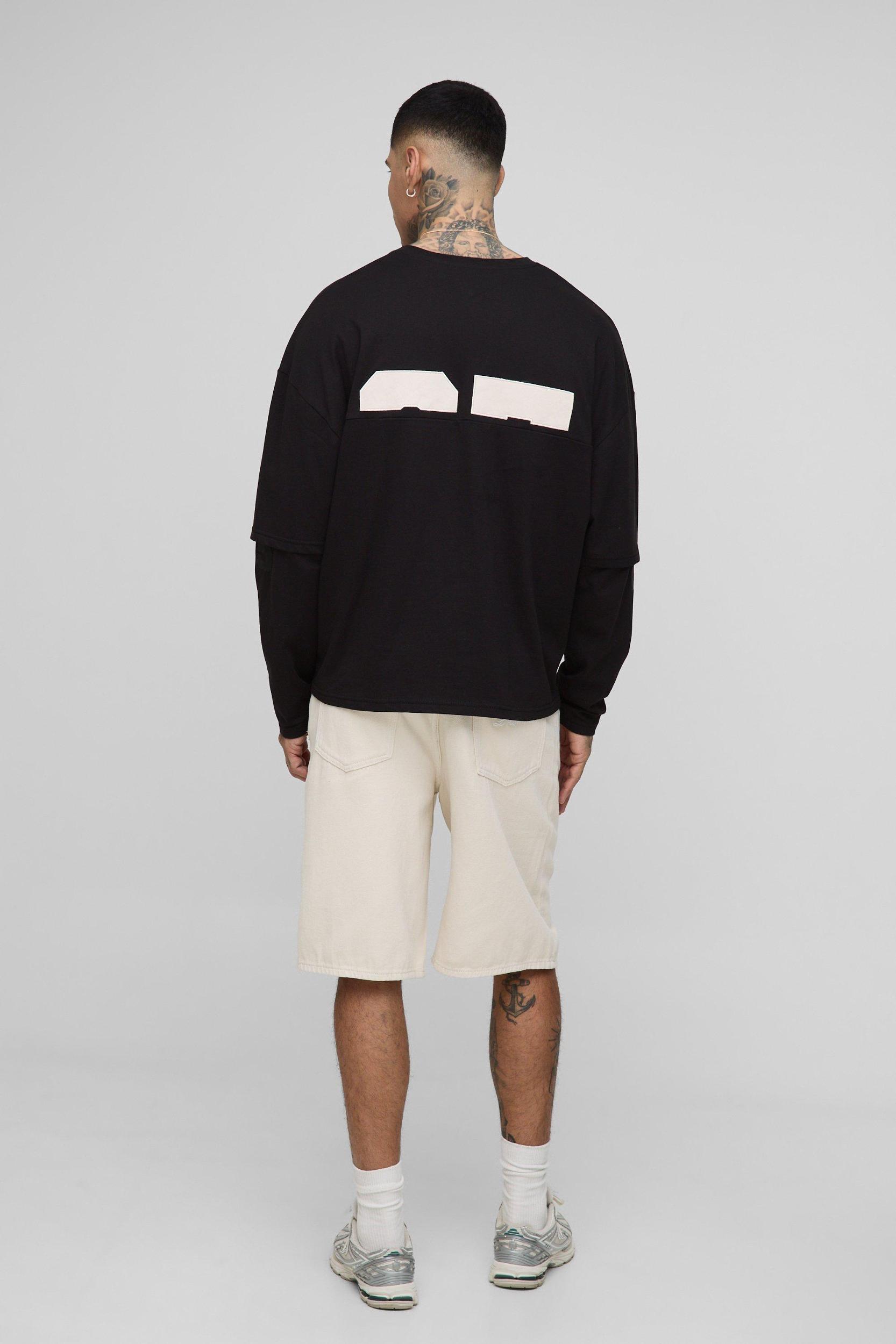 Tall Oversized Boxy Varsity Applique Faux Layer Long Sleeve T-Shirt | boohooMAN USA Product Image