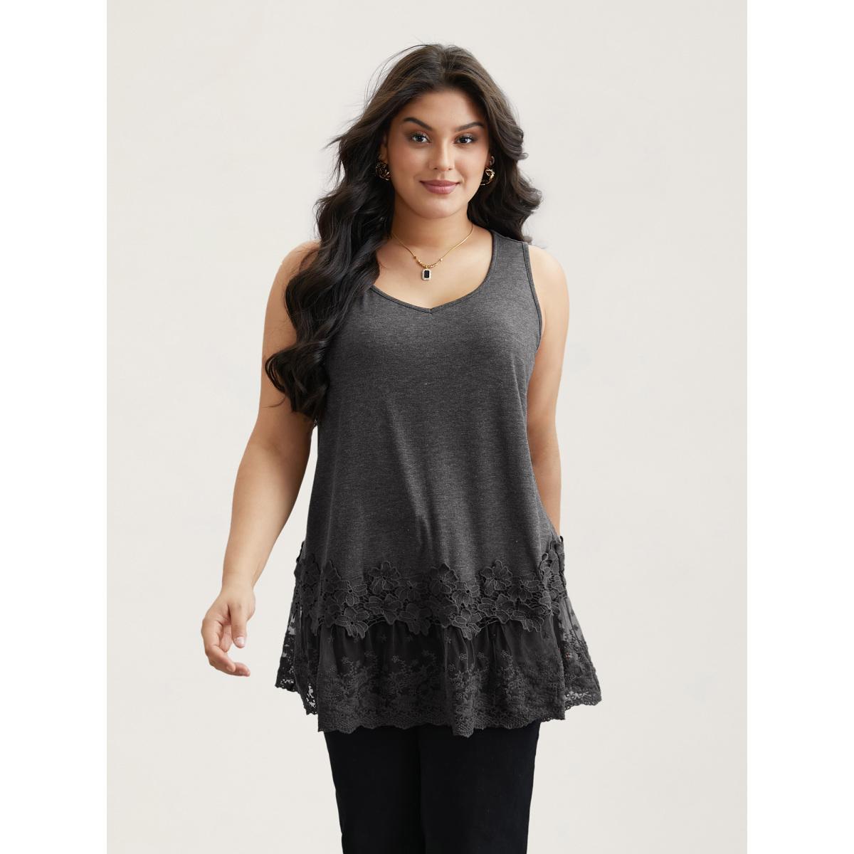 Plus Size Lace Patchwork Plain V-Neck Vest Women DimGray Elegant Woven ribbon&lace trim V-neck Everyday Tank Tops Camis BloomChic 10/M Product Image