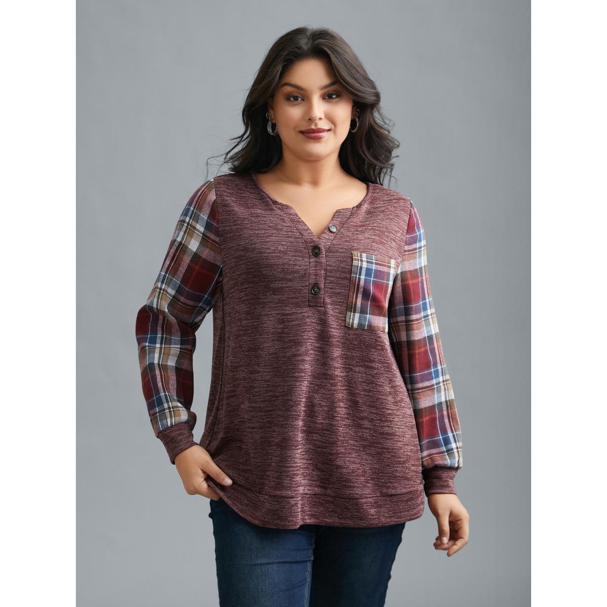 Plus Size Plaid Sleeve Button Up Patchwork Sweatshirt Women Burgundy Casual Contrast Notched collar Everyday Sweatshirts BloomChic 26/4X Product Image
