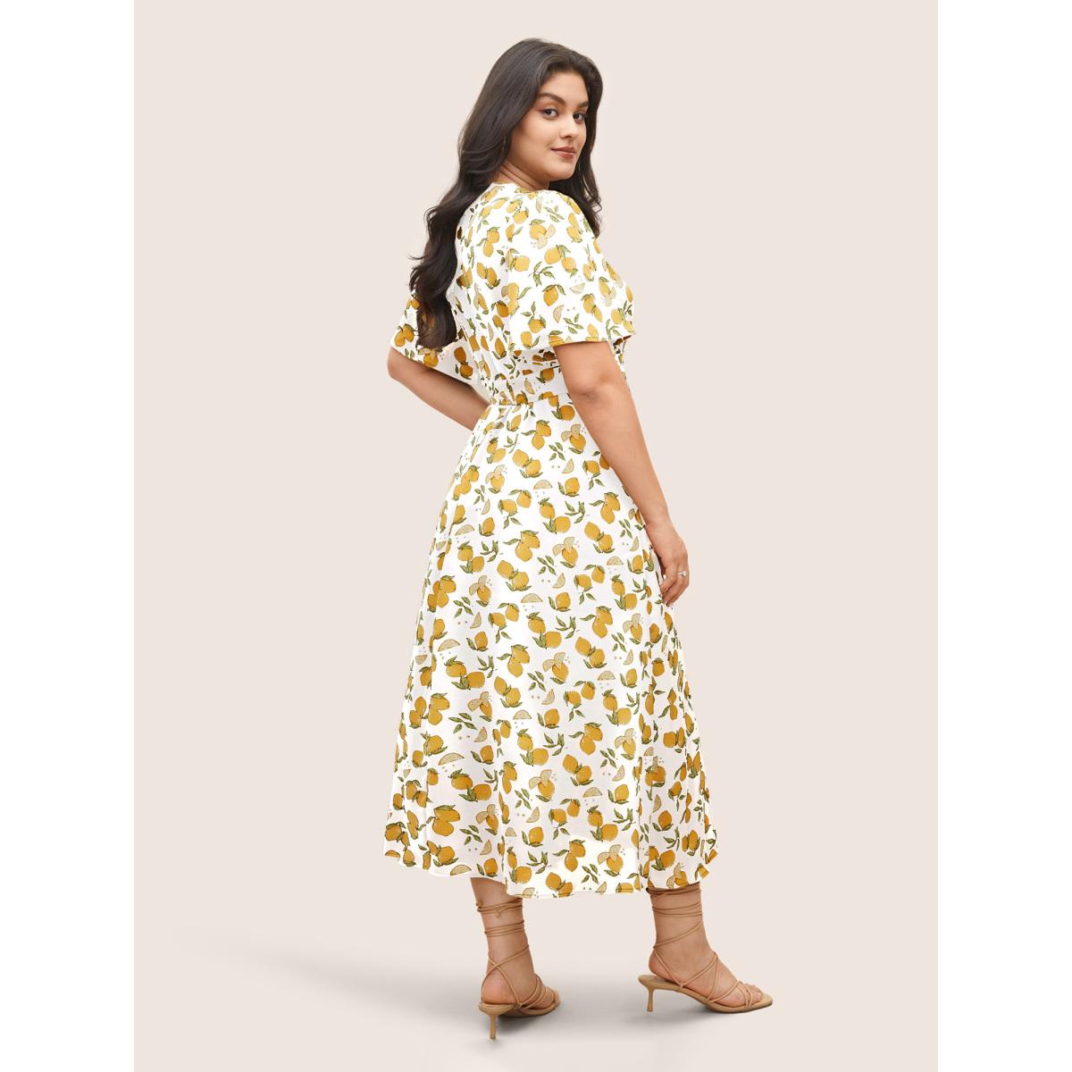 Plus Size Citrus Lemons Print Belted Surplice Neck Split Side Dress Ivory Women Elegant Non Overlap Collar Short sleeve Curvy Midi Dress BloomChic 30/6X Product Image