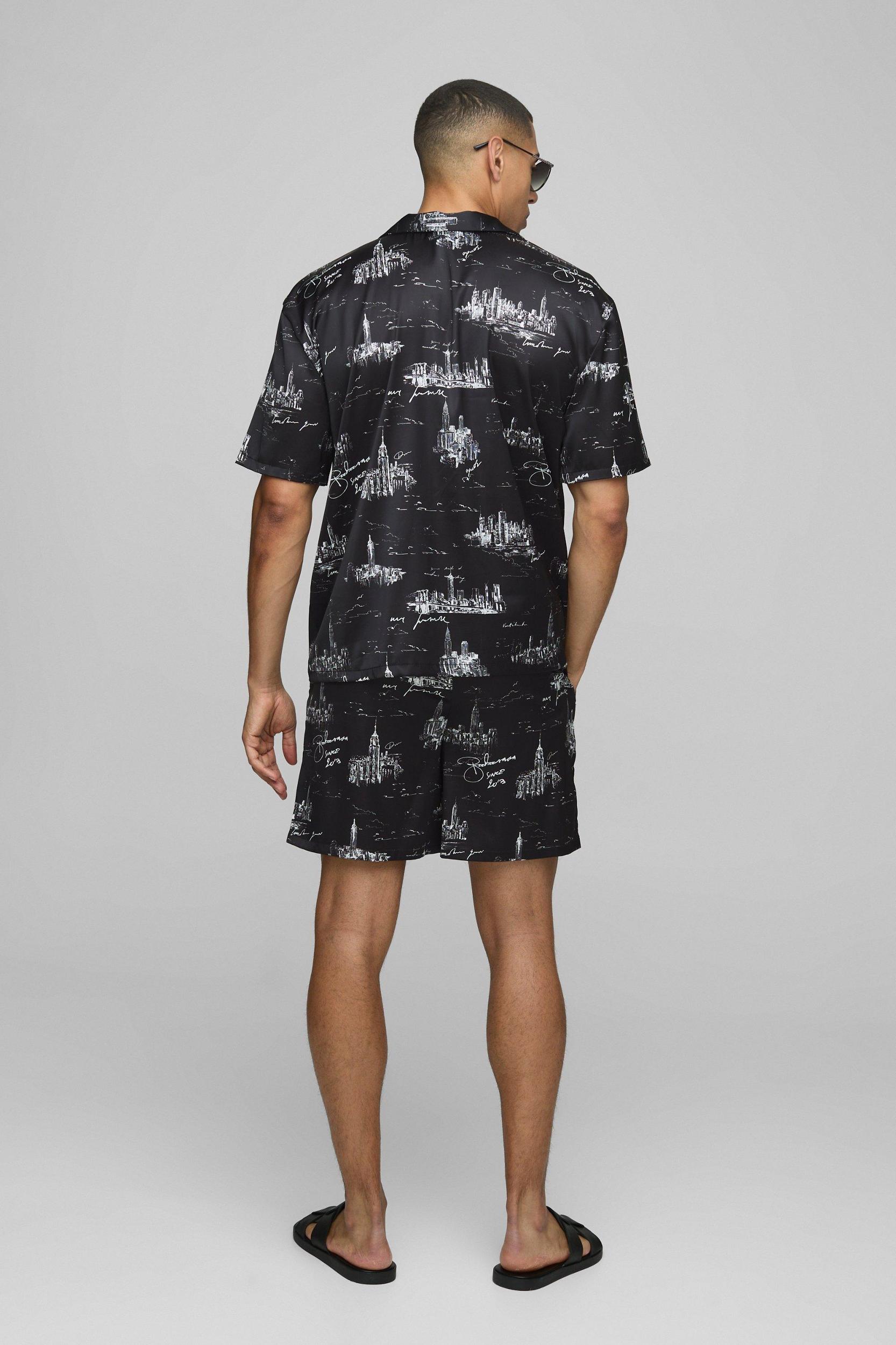Oversized Scenic Print Satin Revere Shirt & Short Set | boohooMAN USA Product Image