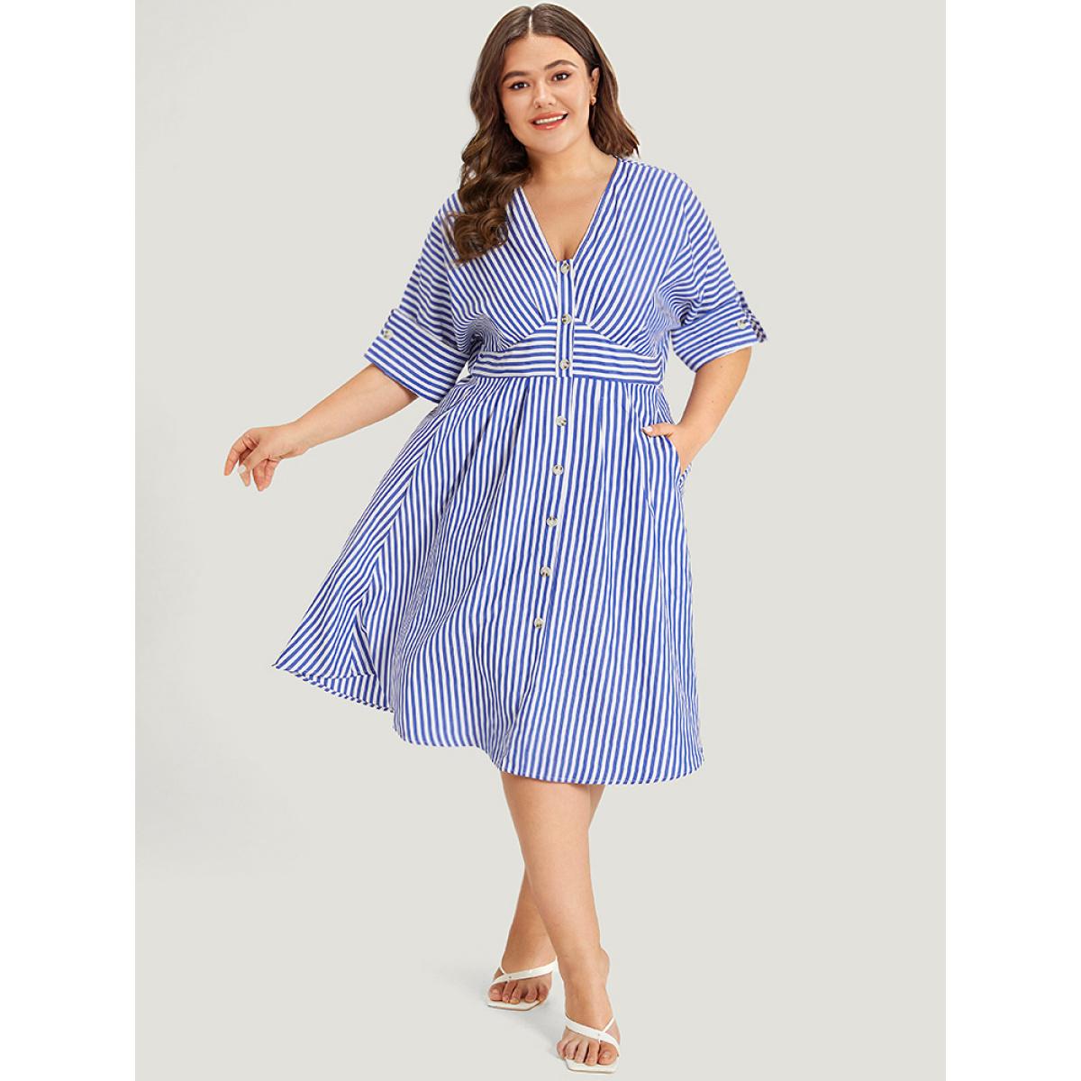 Plus Size V Neck Striped Pocket Ruffle Hem Button Detail Dress Blue Women Elegant Texture V-neck Half Sleeve Curvy Midi Dress BloomChic 18-20/2X Product Image