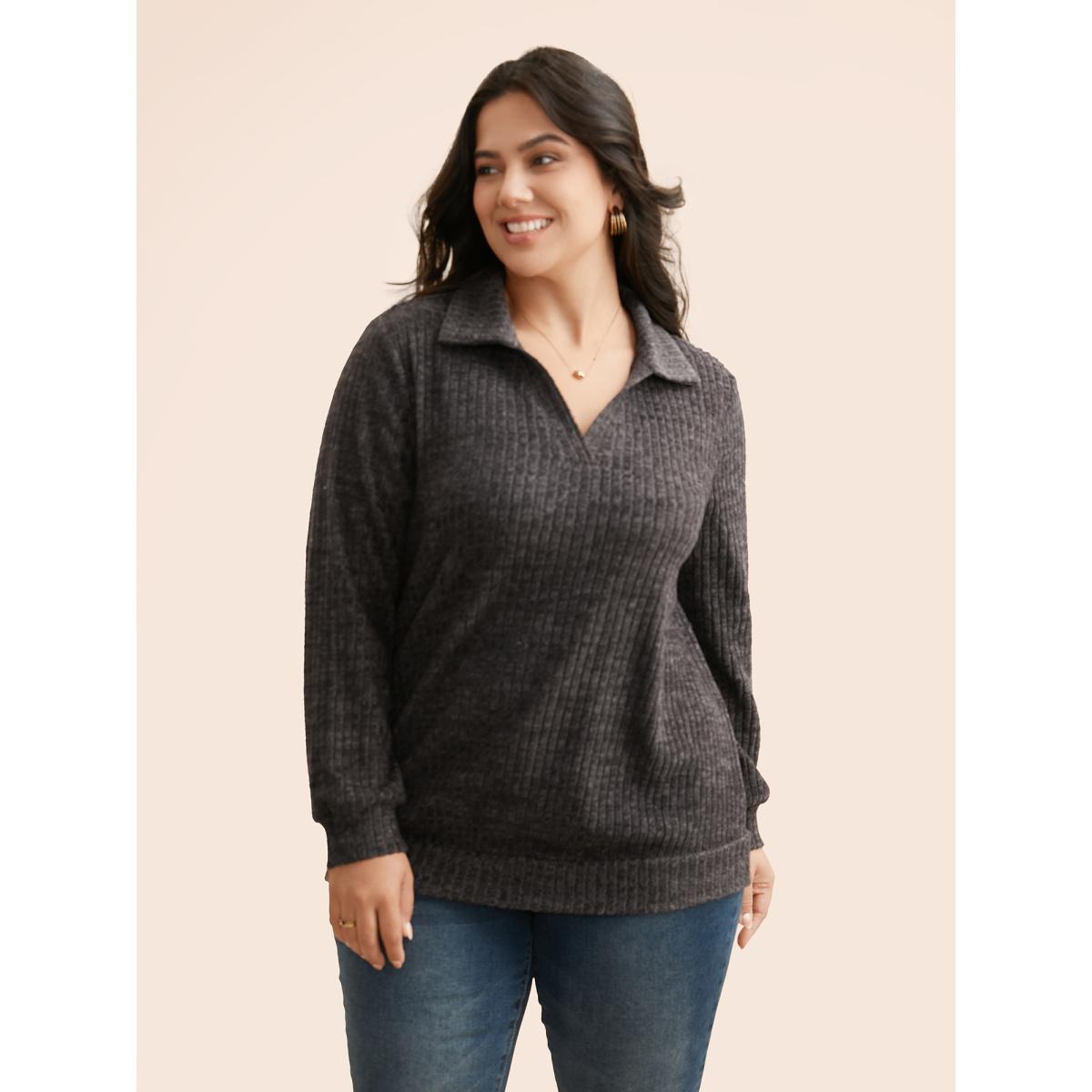 Plus Size Solid Pit Strip Stretch Sweatshirt Women DimGray Leisure Texture V-neck Casual Sweatshirts BloomChic 18-20/2X Product Image