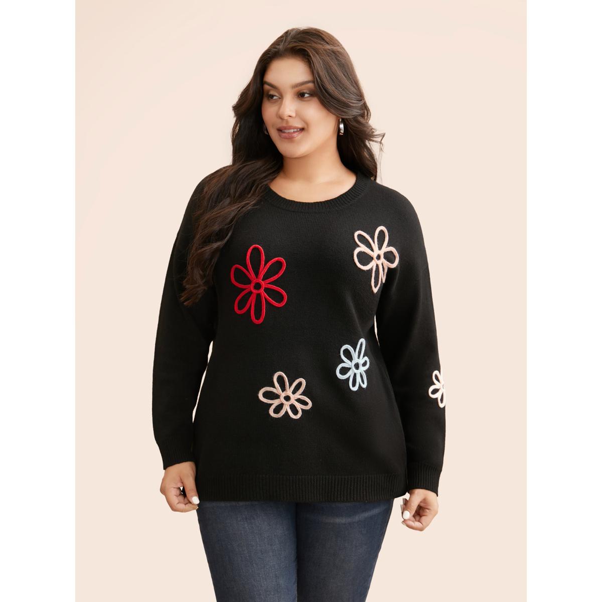 Plus Size Crochet Floral Crew Neck Pullover Black Women Casual Loose Long Sleeve Round Neck Everyday Pullovers BloomChic 18-20/2X Product Image