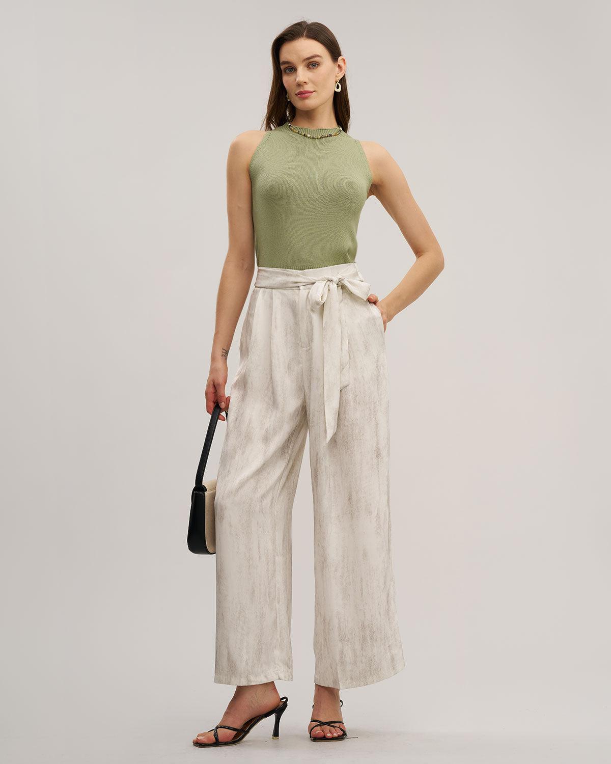 White Elastic Waist Wide Leg Pants Product Image