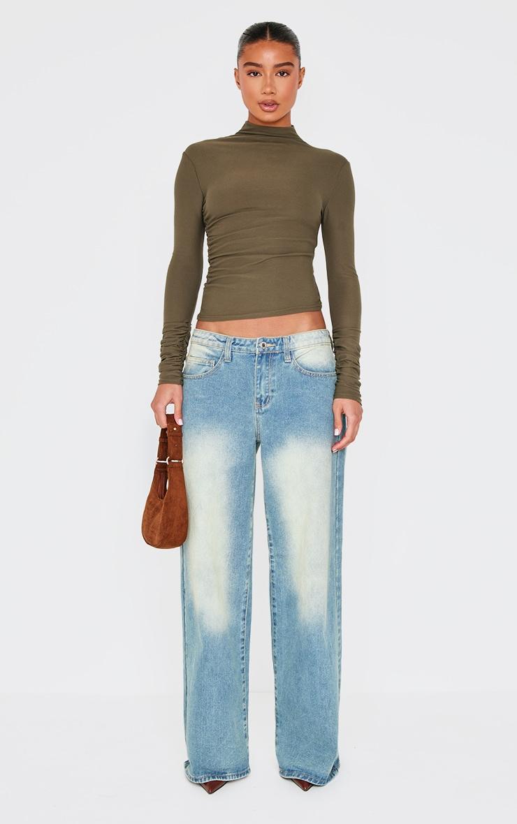 Khaki Soft Touch High Neck Ruched Sleeve Top Product Image