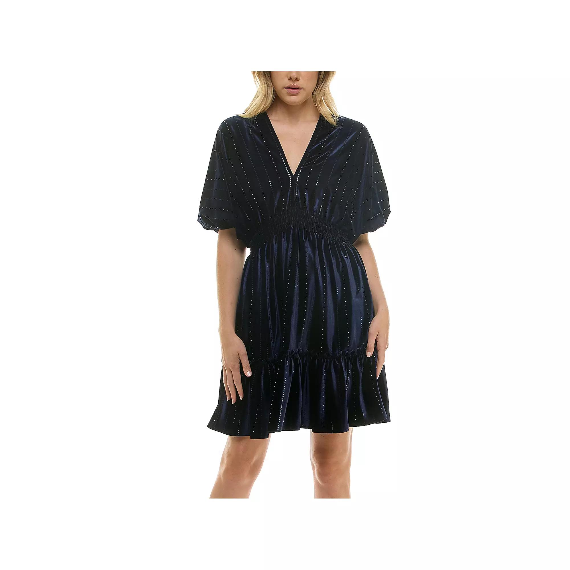 Women's Taylor Smocked Waist Ruffle Hem Velvet Dress, Size: 14, Blue Product Image