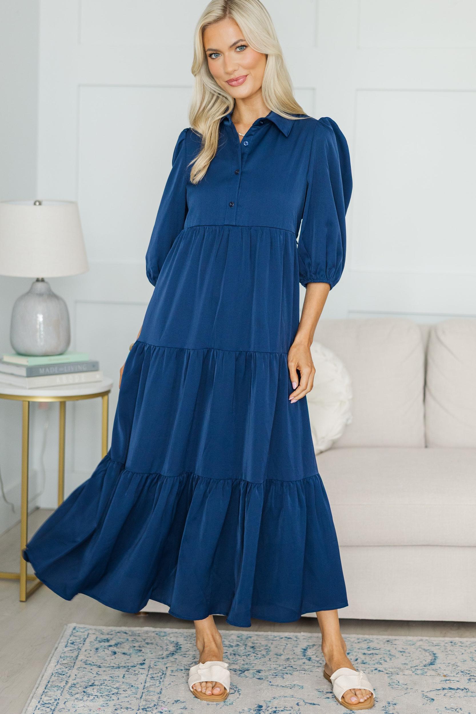 NURSING COLLECTION: Love Found Navy Blue Tiered Midi Dress Female Product Image